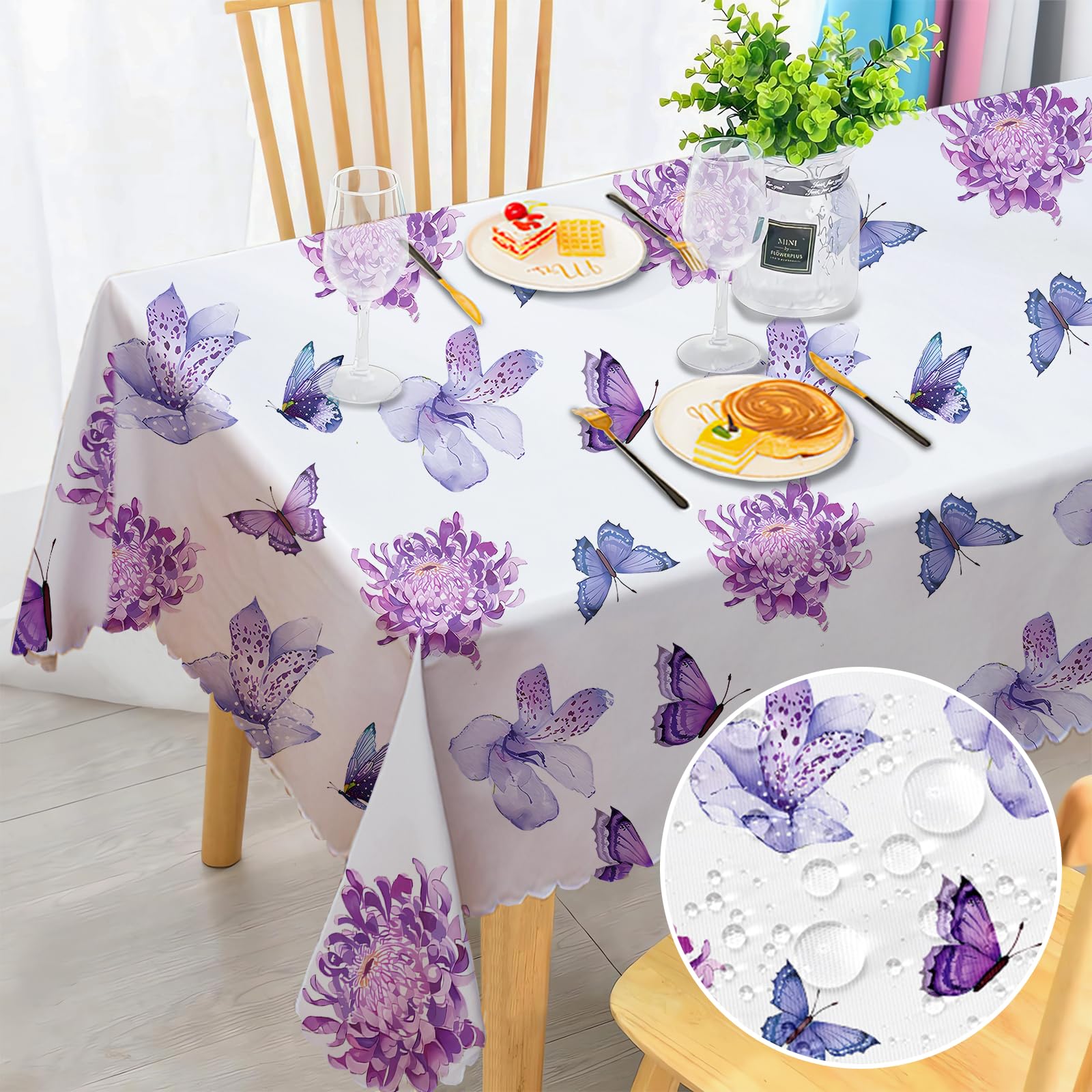 Rectangular Tablecloth Wipe Clean, Wipeable Waterproof Purple Floral Polyester Tablecloths, Table Cloth Wrinkle Resistant Table Cover for Home Dinner Kitchen Party Picnic Outdoor 110x140cm