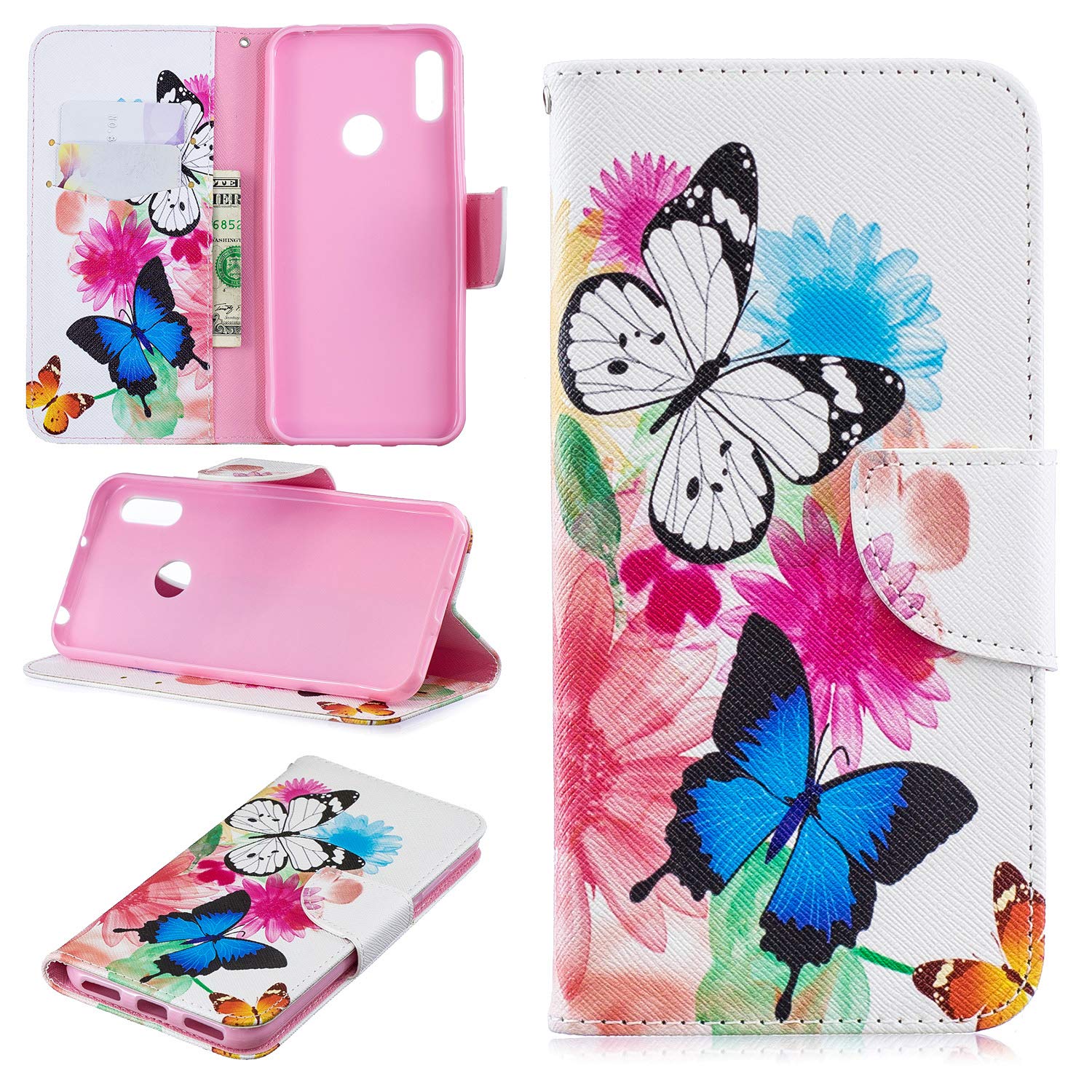 For Huawei Y6 2019 Case, Huawei Y6 Pro 2019 Case,PU Leather Wallet Phone Case Flip TPU Shockproof Shell Slim Fit Protective Cover with Stand Magnetic Closure for Huawei Y6/Y6 Pro(Butterflies) — image 1
