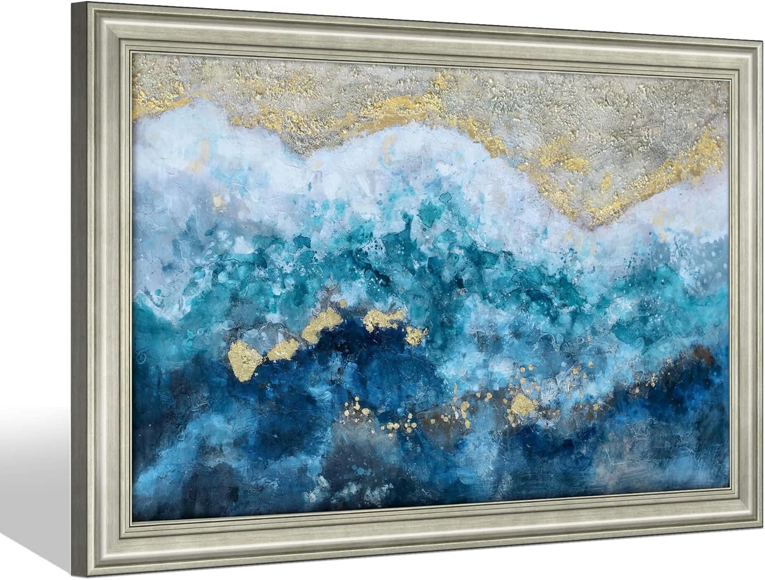 Paintings - Abstract Canvas Wall Art Decor: Heavy Texture Blue Picture Hand Painted with Gold Foils Artwork Framed Modern Painting for Living Room (48''X32'')