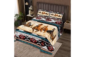 Castle Fairy Tribal Aztec Quilt Bedding Set Queen Size,African Horse Wild Animal Bohemian Bedspread Coverlet for Girls Teens,Cow Fur Print Southwest Ethnic Style Soft Polyester Quilt Set, All Season