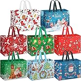 8 Pack Christmas Gift Bags Large Non-Woven Reusable Tote Bag Christma's Wrapping Gift Bags with Handles for Gifts Holiday Xmas Shopping Christmas Party Favors 12.8"×9.8"×6.7" with 10 Pcs Gift Tags