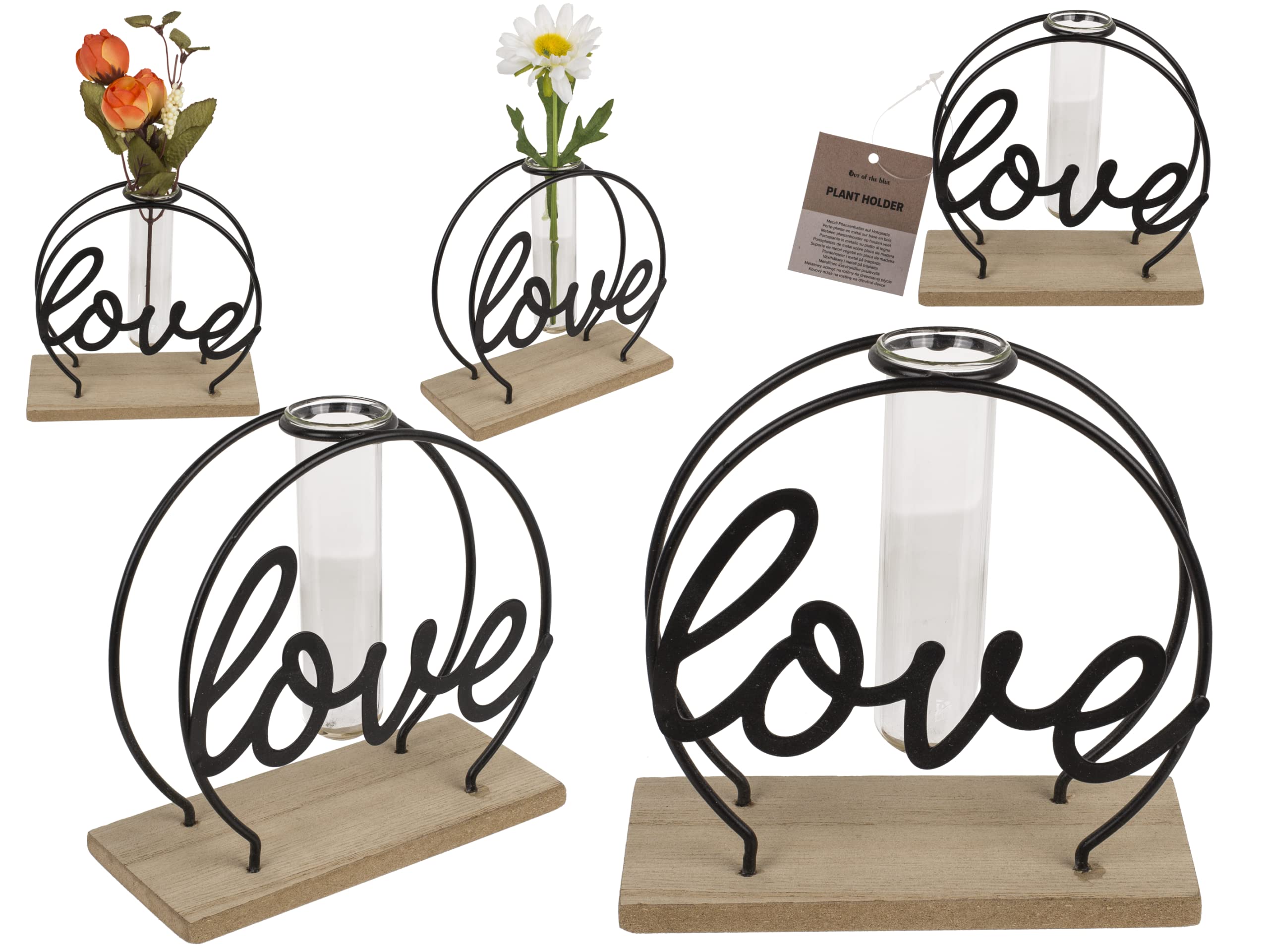 Love Metal Plant Holder on Wooden Top with Test Tube Approx. 13 x 5 x 13.5 cm