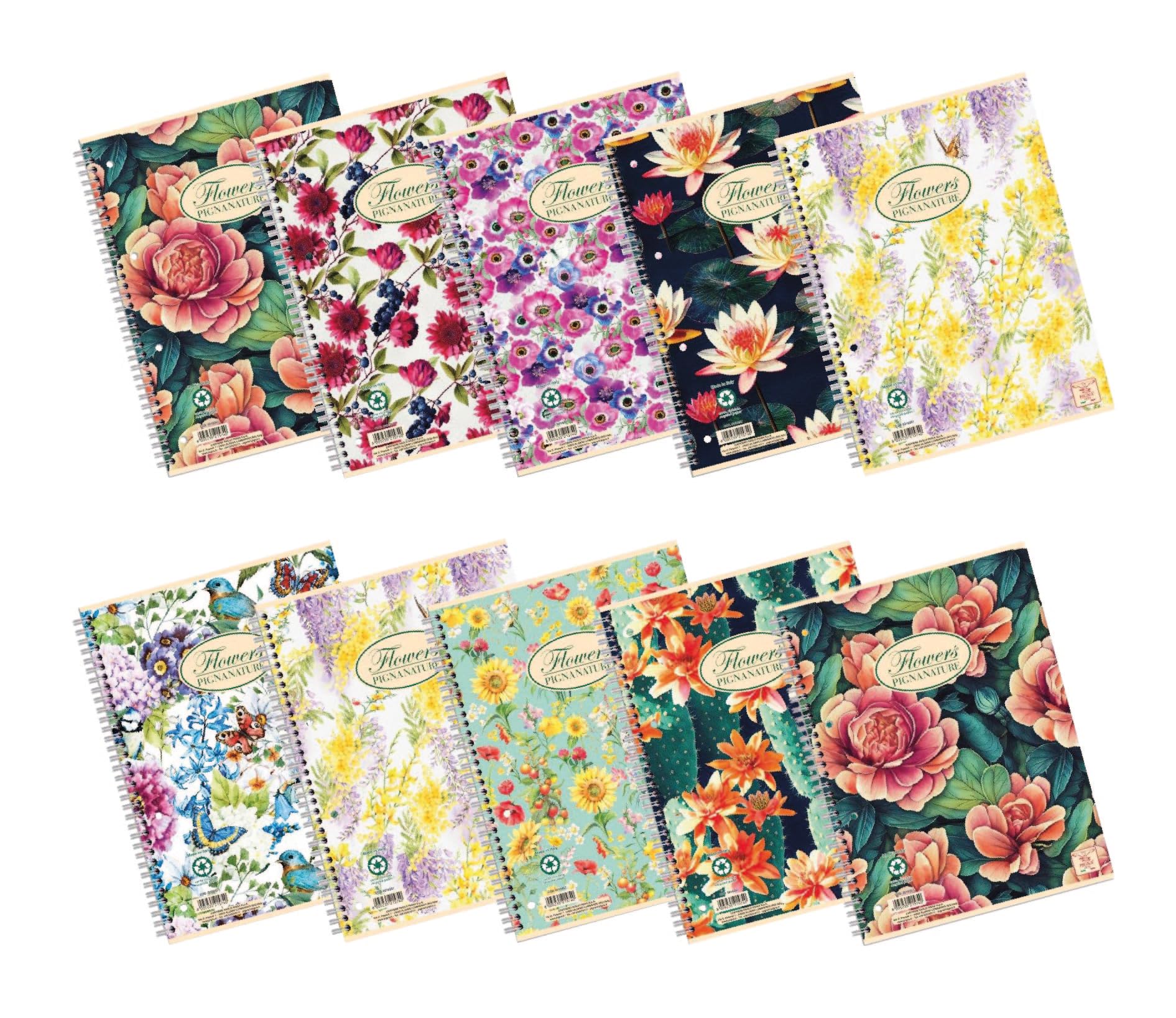 Pigna, Maxi Notebooks Spiralati Nature Flowers, A4 22 x 29.7 cm, with 4 Holes and Micro-Perforation, 1R Interior, Lines, 80 g, Recycled Paper, Assorted Subjects, 5