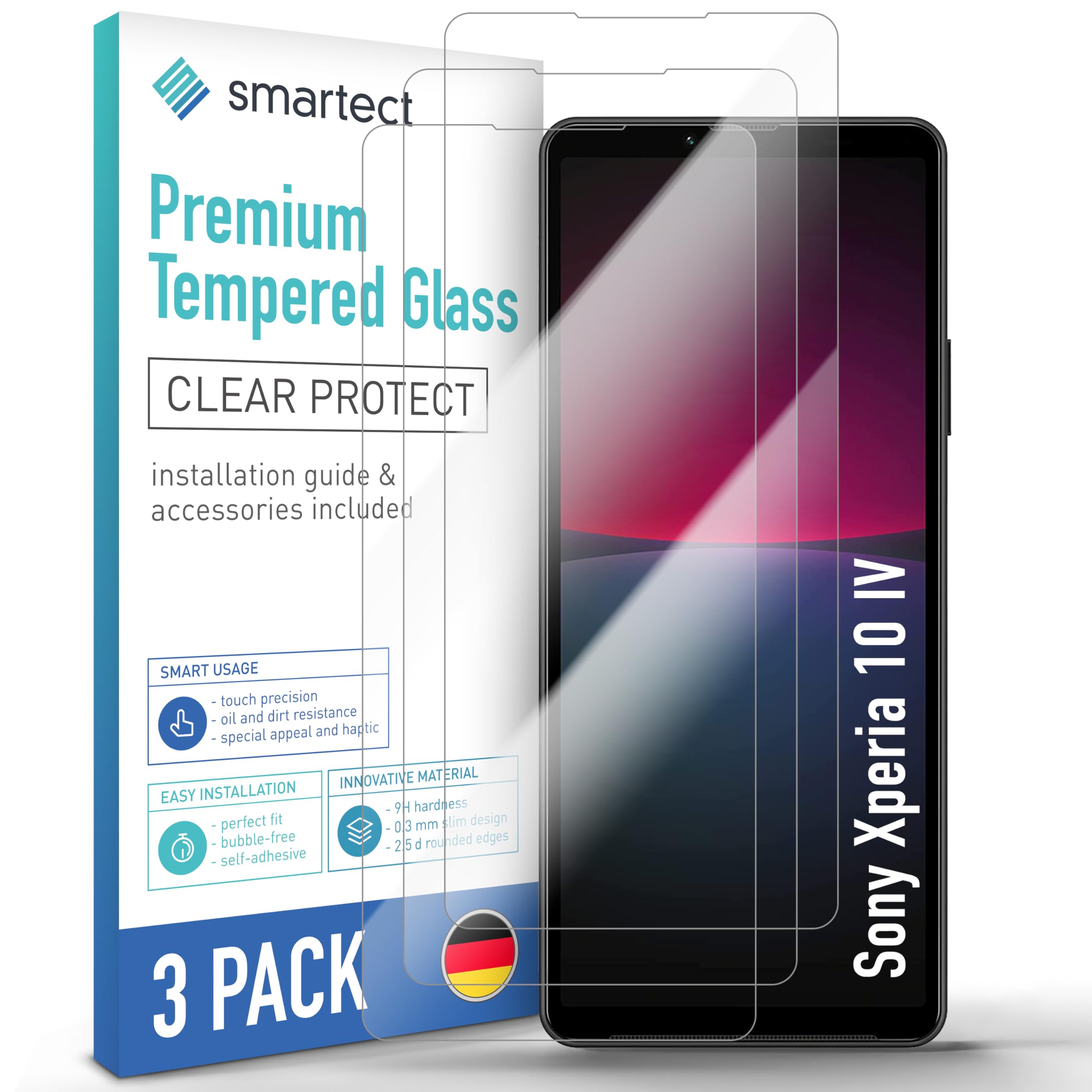 smartect Glass Screen Protector [3 Pieces, Ultra-Clear] for Sony Xperia 10 IV, HD Protective Film Anti Scratch, Bubble Free, 9H Hardness, Ultra Resistant