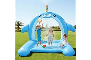 Mostop 8.7FT Inflatable Whale Sprinkler for Kids, 3-in-1 Large Splash Pad with Basketball Hoop, Outdoor Water Toys for Toddle