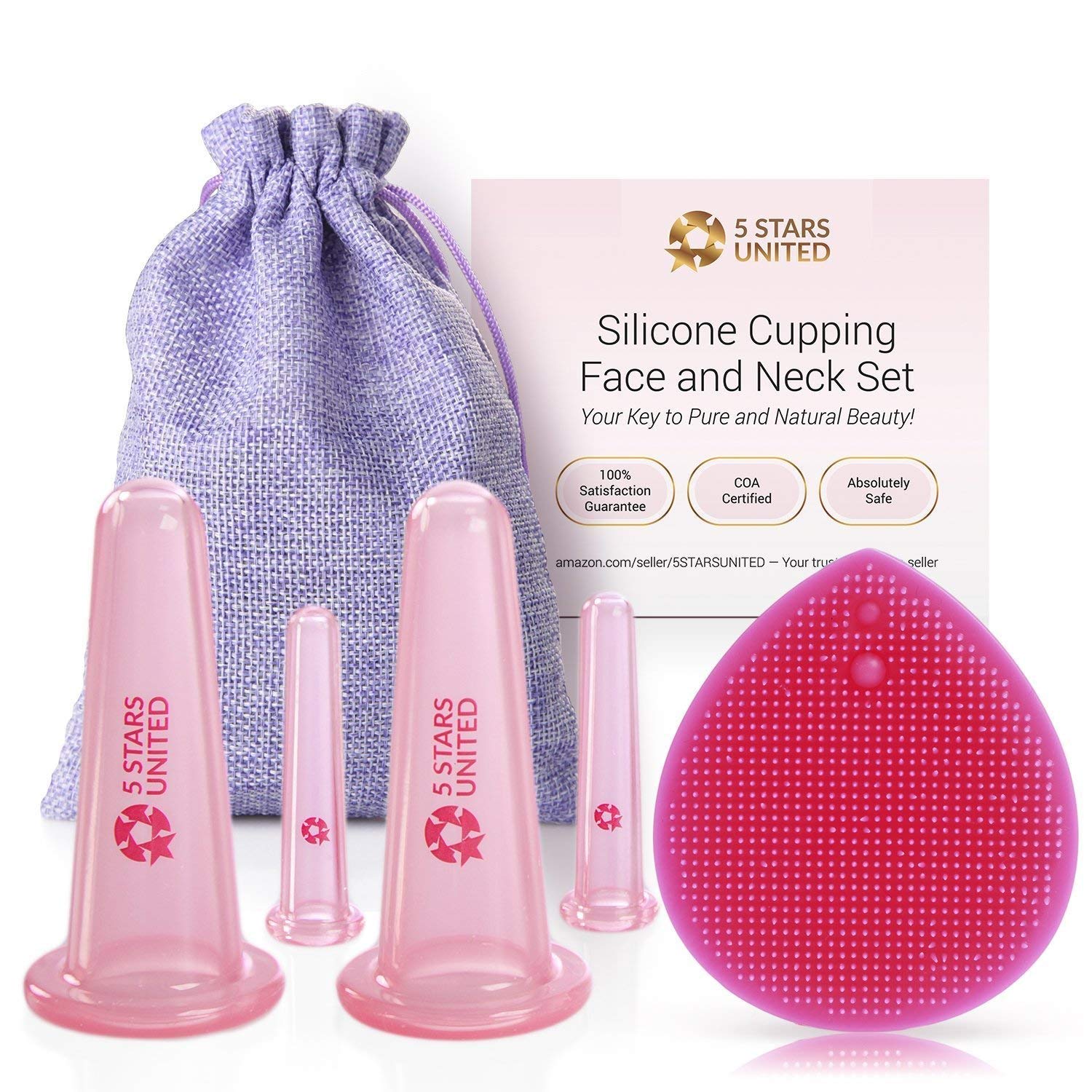 Silicone Facial Cupping Therapy Set - Eye and Face Vacuum Massage Cup Kit - 4 Cups + Free Exfoliating Brush - Anti-Wrinkle and Anti-Aging Effect - 100% Hygienic: Beauty