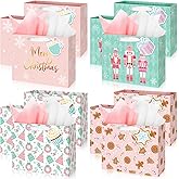 Aliceset 12 Pack Pink Christmas Gift Bags with Tissue Paper and Tags Gold Foil Pink Mint Gingerbread Nutcracker Merry Christmas Gift Bags Presents Wrapping for Holiday New Year, 11.8x10x4 inch