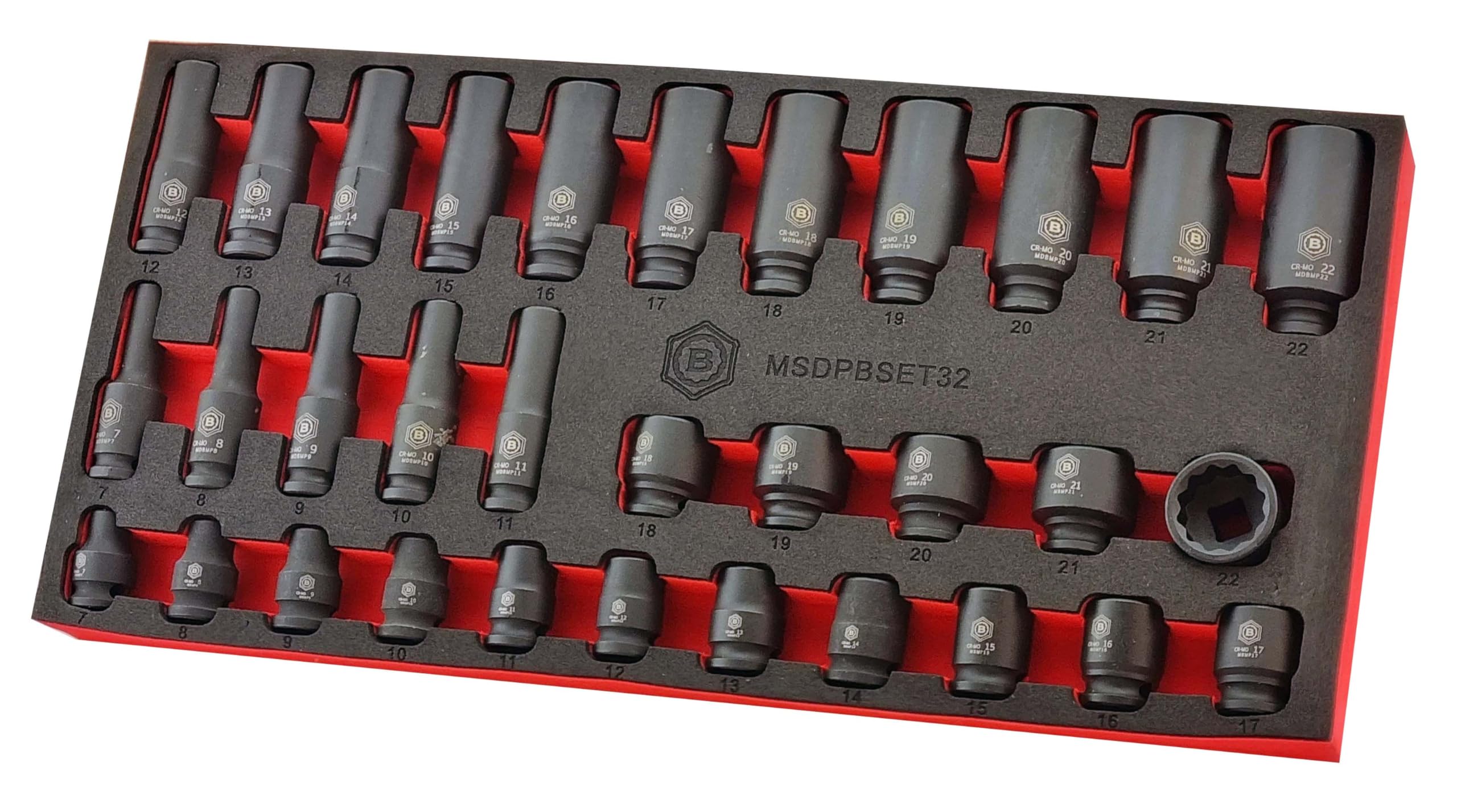Britool Hallmark 32pc Standard & Deep Impact Socket Set (12-Point) 7-22mm - 3/8" Drive MSDPBSET32
