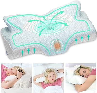 Elviros Cervical Memory Foam Pillow with Removable Cover, 2 Heights Blue