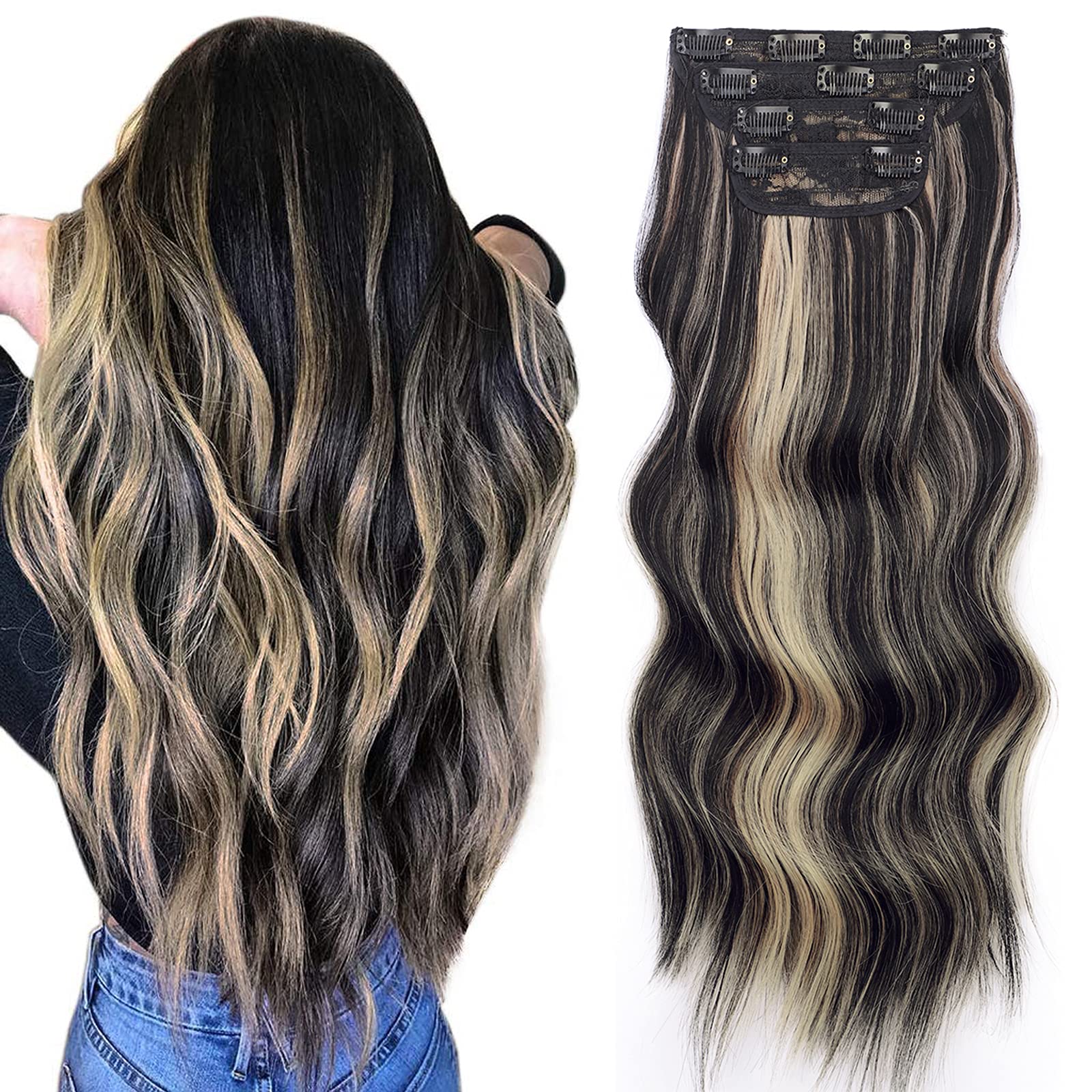 Photo 1 of Vigorous Clip in Hair Extensions 20 Inch Black Mix Blonde Long Hair Extensions Clip Ins 4PCS Soft Synthetic Hairpieces for Women