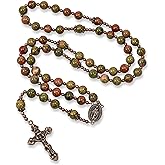 Unakite Stone Beads Rosary, Catholic Rosary Necklace with Metal Caps, Miraculous Medal and Jesus Crucifix, Handmade Strong Rosary Cross Necklace, Catholic Gifts for Men and Women