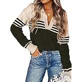 CiCiBird Women Fall V Neck Sweater Color Block Polo Long Sleeve Shirt Casual Loose Striped Pullover Sweaters