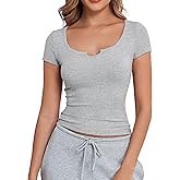 Artfish Women's Short Sleeve T-Shirts Form Fitting Ribbed Knit V Notch Scoop Neck Basic Crop Top