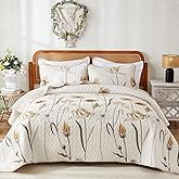 WONGS BEDDING Quilt Set King,Cute Floral Bedspread Coverlet Set,3 Pieces Brown Quilts Bed Cover,Lightweight Quilts Summer Flower Bedding Set for All Season(104"x90")
