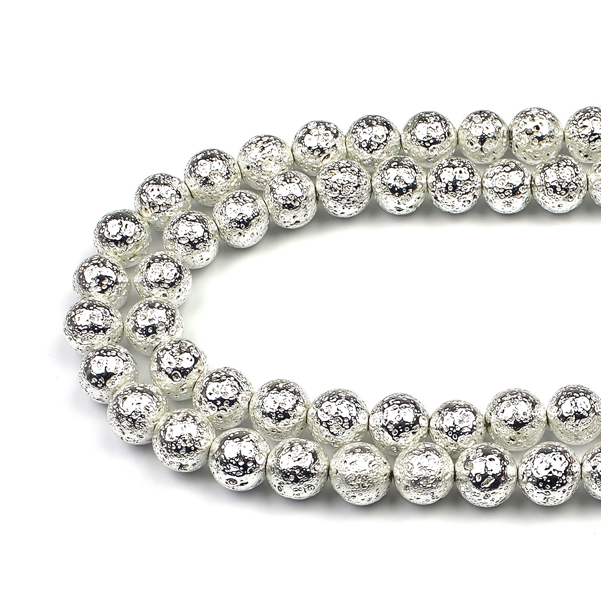 MJDCB Natural Round Stone Beads 8mm Electroplated Silver Lava Volcanic Rock Loose Gemstone Beads for Jewelry Making Bracelet Necklace 43pcs