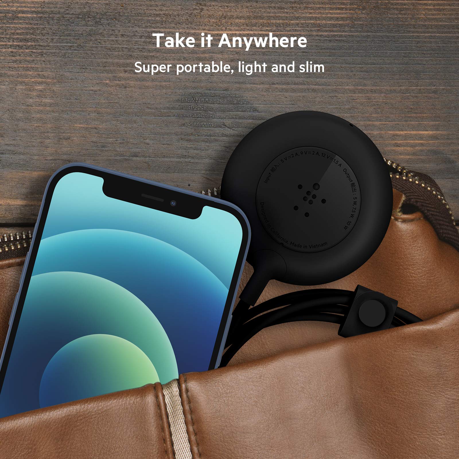 Belkin 7.5W Magnetic Portable Wireless Charger Pad - 6.6ft/2M Long Cable - MagSafe Compatible Charger - iPhone Charger Compatible w/ iPhone 15, iPhone 14, iPhone 13 - Power Supply Included - Black