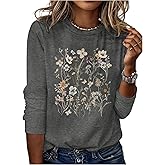 SHENHE Women's Long Sleeve Floral Graphic Tee Crew Neck Vintage Boho Wild Flower Fall Shirt Top