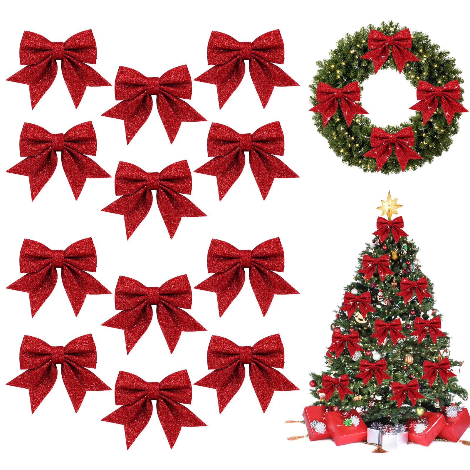 MOTONG 12 PCS Red Glitter Christmas Bows, 5.9 inch Small Christmas Bows for Tree Decorations, Sequin Bow Ties Christmas Bowknot Xmas Tree Ornaments for Wreaths Garland, Party, Home,Gift Box Decor