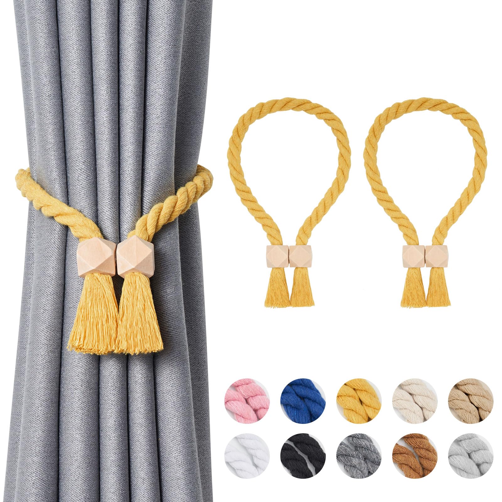 Pretty Jolly 2 Pack Wooden Polyhedron Magnetic Curtain Tiebacks Boho Home Decor Drape Tie Backs Natural Cotton Hand Woven Rope Curtain Holdbacks for Home & Office Window Draperies (Yellow)