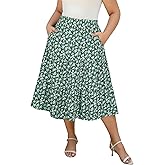 Younrui Women's Plus Size Casual Summer Midi Skirt with Pockets 1X-4X Tiered Lightweight A-line Skirts