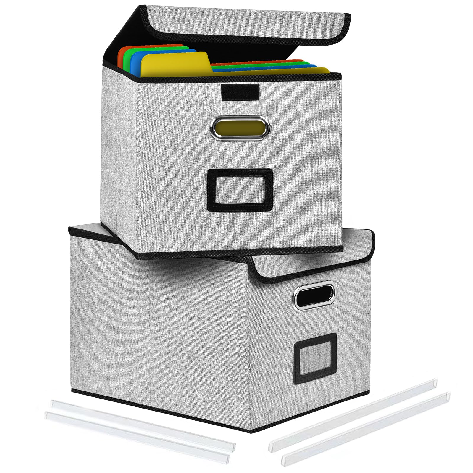 Okydoky Portable File Organizer Box with Lids, Collapsible Linen Hanging Filing Storage Boxes with Plastic Slide, Decorative Home/Office Filling System for File and Folders Storage (Gray,2p,L)