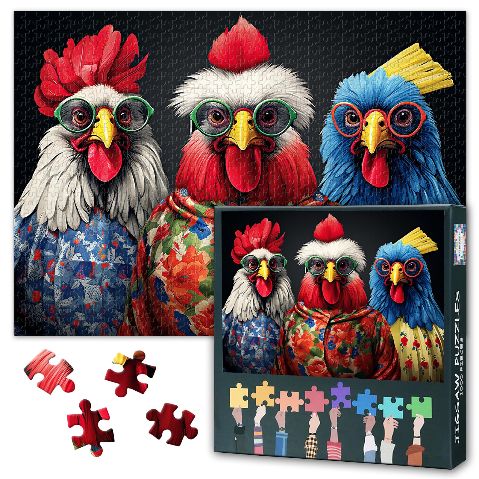 Three Roosters Puzzles for Adults 1000 Pieces Animal Funny Puzzle Home Wall Decoration Challenging & Vivid Detail Ideal for Puzzle Enthusiasts Finished Size: 70x50cm