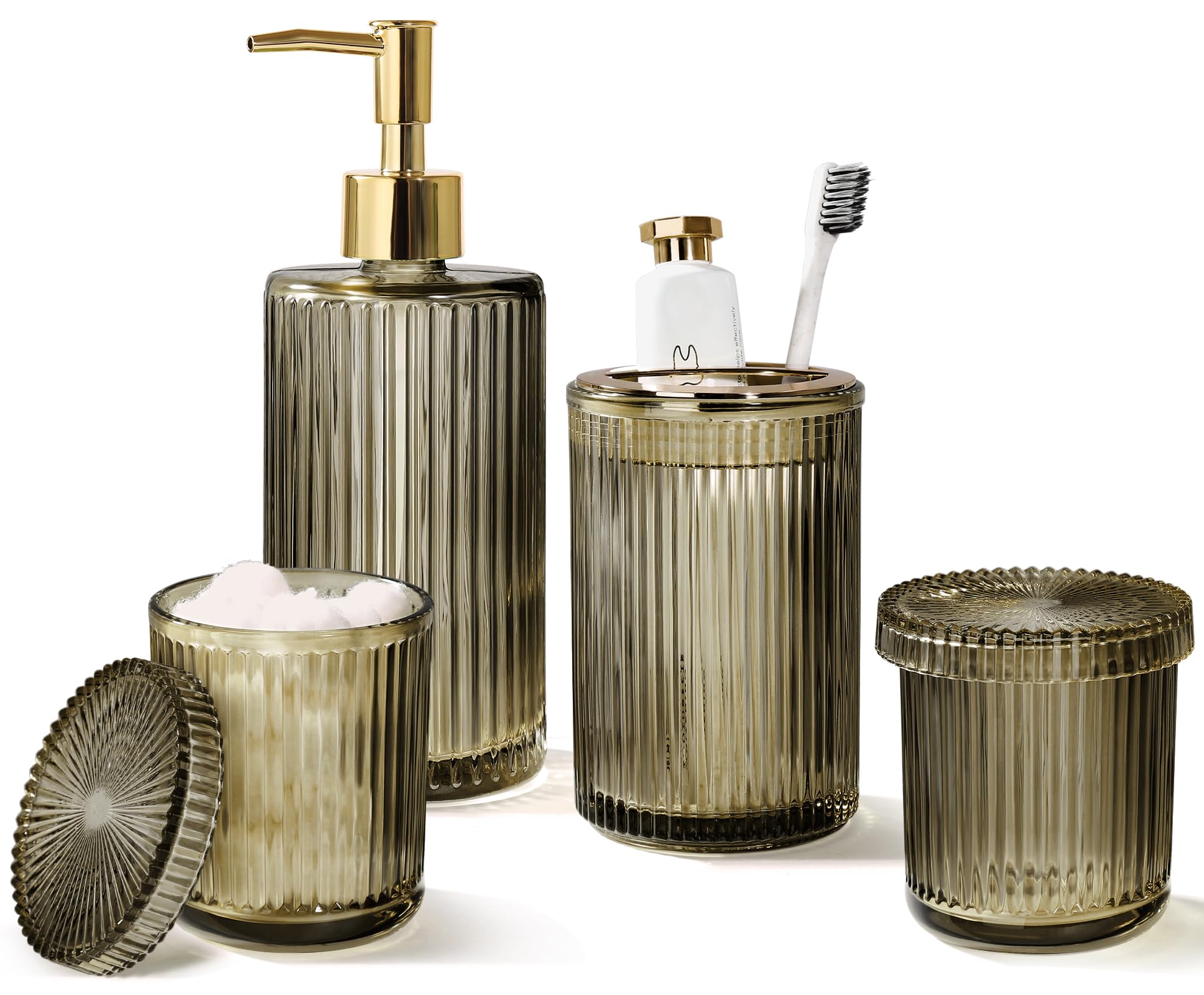 KASUNTING Brown Glass Bathroom Accessories 4 Pcs, Brown Bathroom Set, Soap Dispenser and Toothbrush Holder Set, Qtip Holder Set, Vintage Bathroom Sink Set, Modern Bathroom Decor