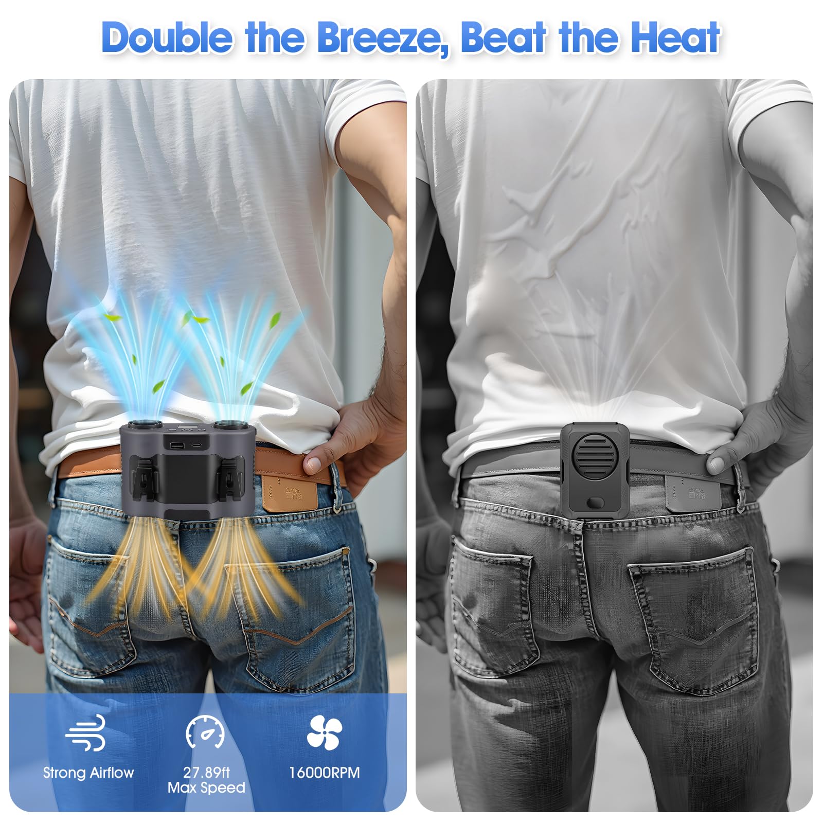 42H Portable Waist Fan, 28000mAh Rechargeable Wearable Belt Fans, 16000 RPM Cooling Neck Body Powerful Shirt Personal Cooling Fan for Outdoor Jobsite Camping Travel in Grey