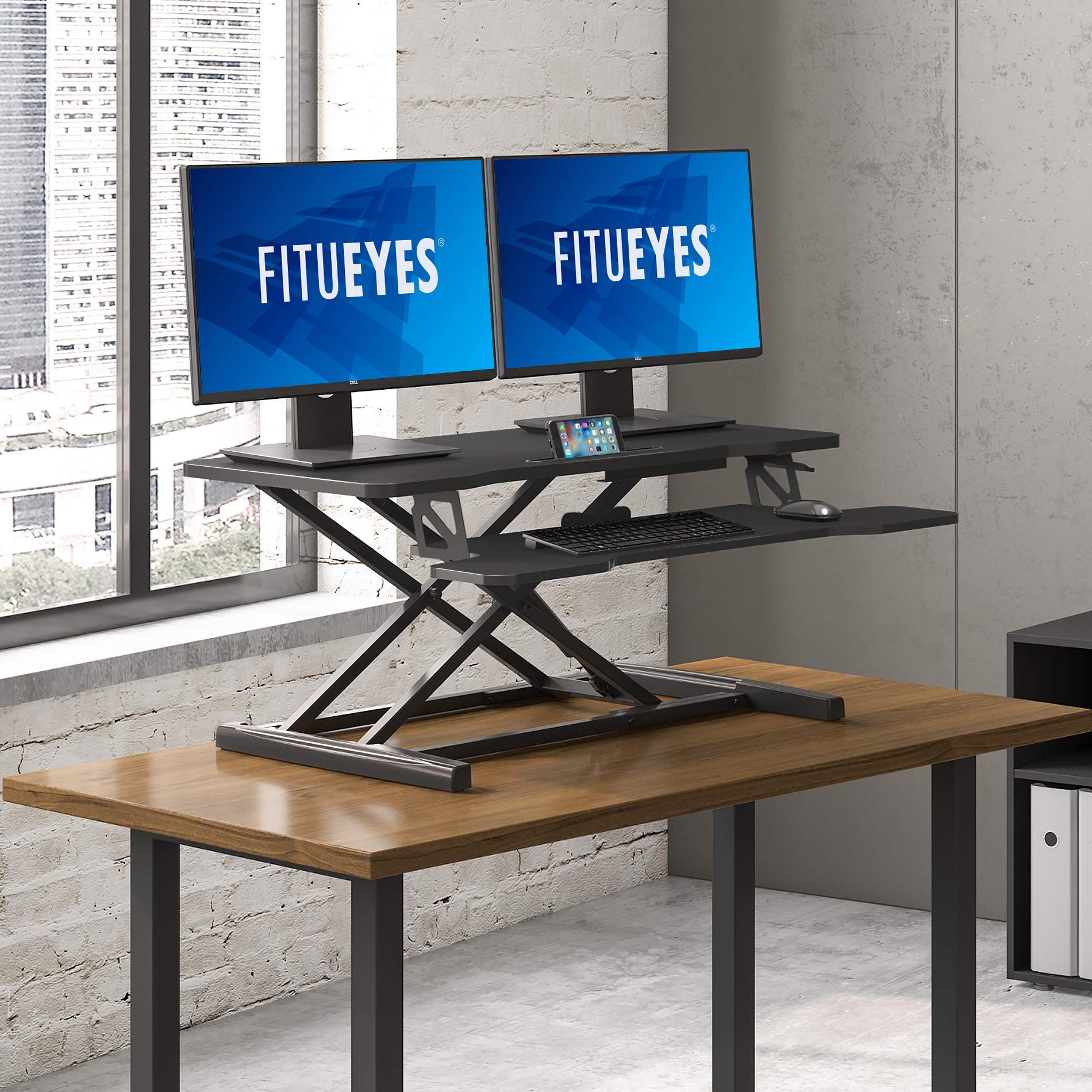 FITUEYES Height Adjustable Standing Desk 36” Wide Sit to Stand Converter Stand Up Desk Tabletop Workstation for Dual Monitor Riser FSD309101WB …