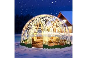 MAPONEEN 12FT Garden Dome Tent, Geodesic Dome Greenhouse with PVC Clear Cover, Waterproof Garden Bubble Dome Tent House with 2 x 10M Light Strings for Outdoor, Patio, Party