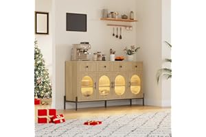 62" Large Modern Farmhouse Sideboard Buffet Cabinet with 4 Doors, 3 Drawers & Adjustable Shelves, Wooden Coffee Bar Storage C