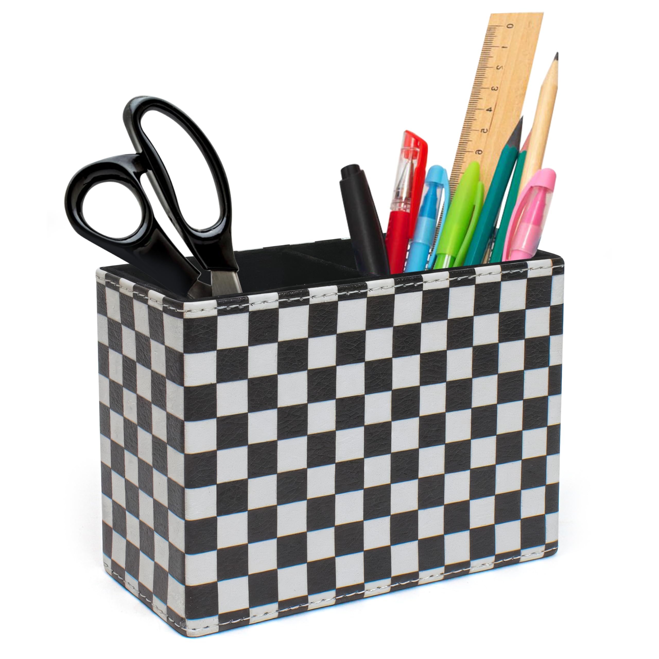Photo 1 of Checkered Pencil Box Desk Accessories for Office Decor, Desktop Pen Holder, Black White Racing Style Organizer Case Stand Cup Storage for Makeup Brush Study Table, with 2 Compartments, Sturdy Leather