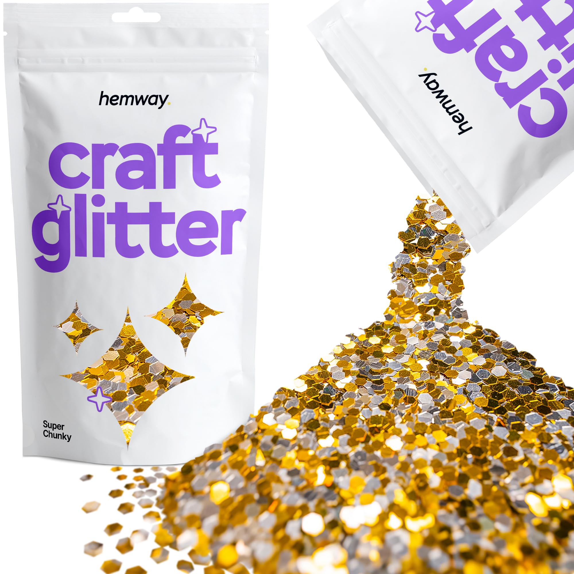 Hemway Craft Glitter Gold Silver 100g Super Chunky Glitter for Crafts, Resin, Cosmetic, Nail, Face, Body, Festival, Tumblers, Art, Candle, Crafting