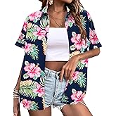 LOMON Women's Summer Hawaiian Shirts Floral Short Sleeve Button Down Shirts Hawaii Tropical Beach Tops Outfits