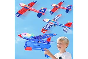 HitToys Airplane Launcher Toy for Kids, 3 Pack Spider Foam Gliders Air Planes with Led, 2 Flight Modes 3 4 5 6 7 Year Old Boys Girls Outdoor Flying Toys Outside Sport Games Birthday