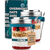 OATOLOGY Glass Overnight Oats Jars, 16 oz - 2 Pack | Overnight Oats Containers with Lids and Spoons, Leakproof Two-Lid Seal, Lid Doubles as Oat Measure, Milk Measurement Markings