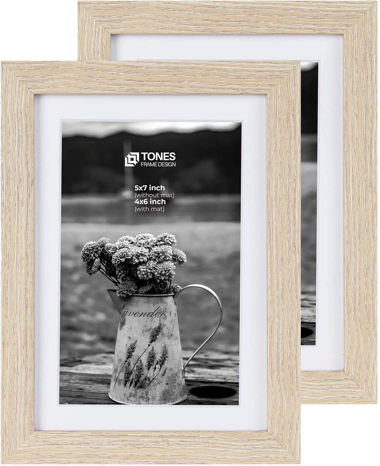 5x7 Photo Picture Frame, Natural Wood Frame, 2Pack, with 4x6 Ivory Mat