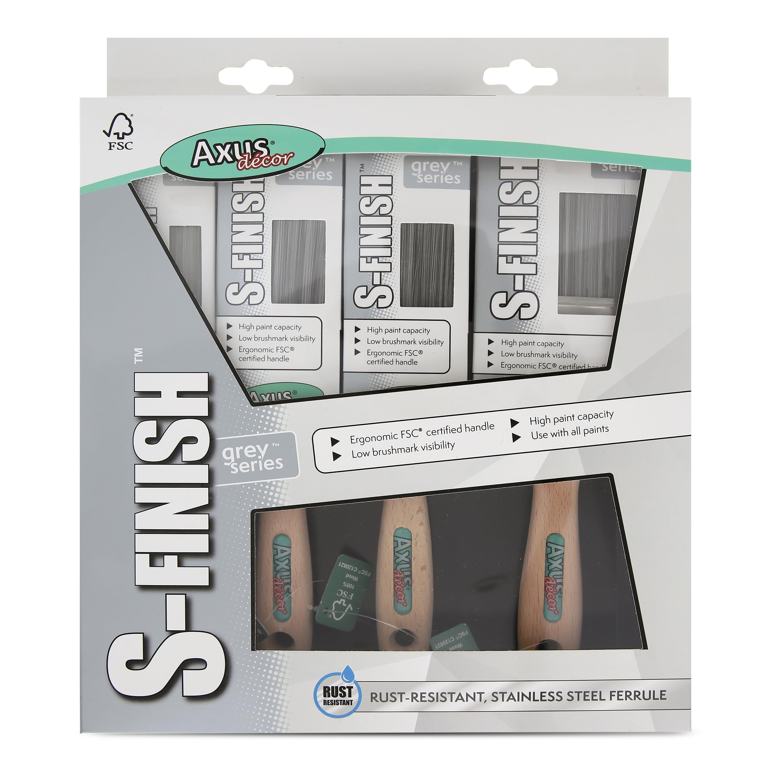 Axus Decor S-Finish Paint Brush (Grey Color) - Set of 4 - (1.5", 2x2", 3") - Eco-friendly Natural Bamboo Handles, Stainless Steel, Synthetic Filaments, Compatible With Brushmate Vapour Boxes