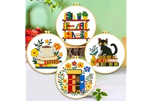 Zhenqing 4 Themes Cross Stitch Kit Set - 11CT 9.45x9.45Inch, Coffee/Books/Cats/Floral Designs, DIY Embroidery Kit with Full Tools (Hoops, Scissors, Tassels) & Guide, Cozy Home Decor Gift(69601)