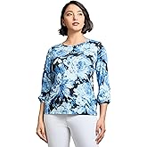 Jones New York Women's Printed Moss Crepe Crewneck with 3Q Puff, Jones Black Multi