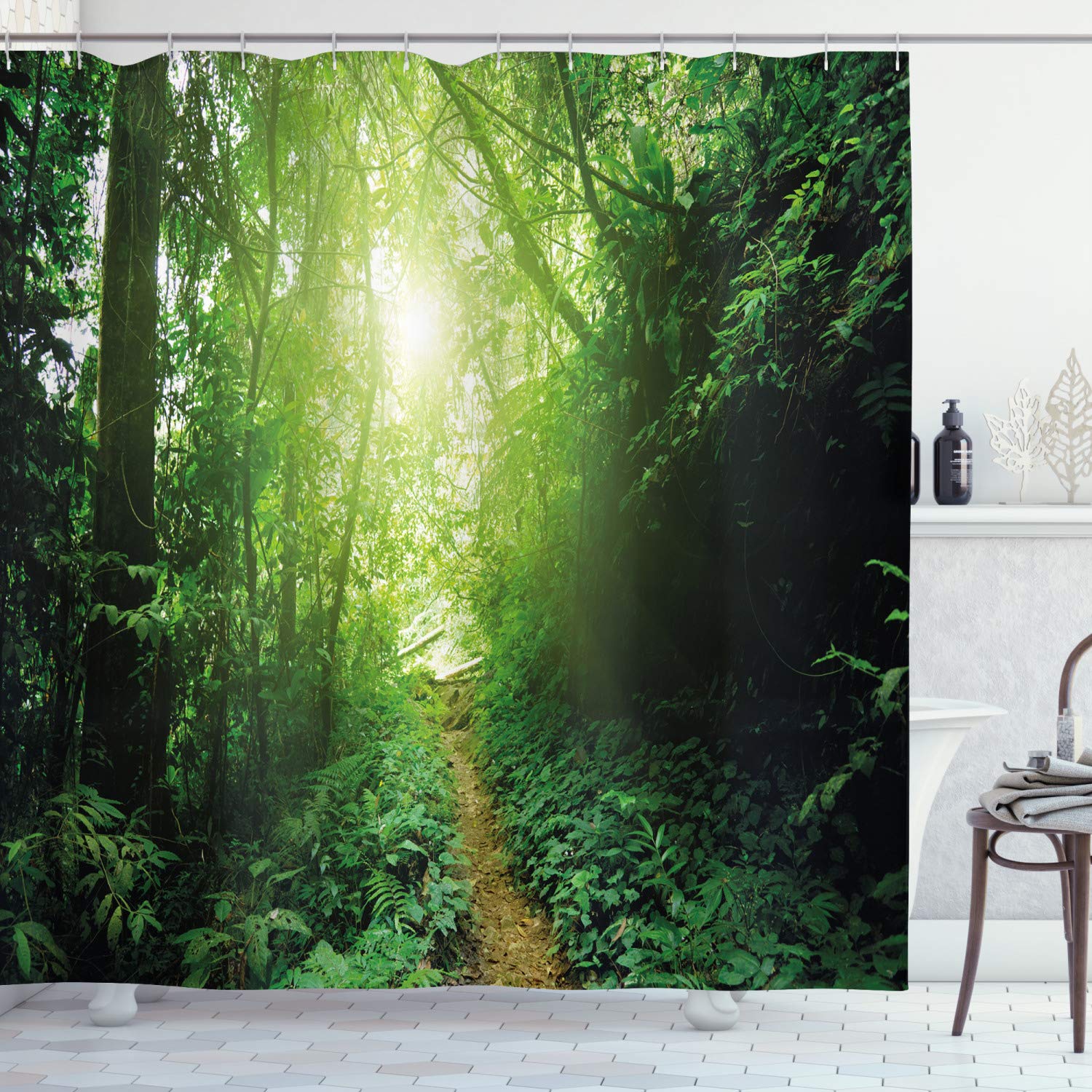 ABAKUHAUS Landscape Shower Curtain, Way in the Jungle of MalaysiRainforest Fresh Grass Trees Rural Morning Scenery, Cloth Fabric Bathroom Decor Set with Hooks, 94 Inches, Green
