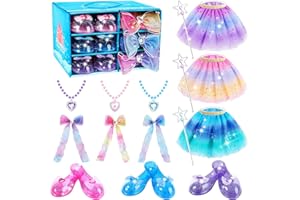 Evimis Princess Dress Up, Girl Jewelry Dress Up Toy Gifts for 3 4 5 6 Year old Girls, Princess Costumes Set incl 3 Hair Clips, Skirts, Shoes, Collars, Magic Wand - Girls Role Play Set Party Favors