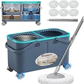 Wodemom Easy-Rinse Mop Bucket Gen 2, Clean/Dirty Water Separation,Grey/Blue | 1.5 Gal Clean-Water Tank, 6 Reusable Heads, 4 Swivel Wheels, 61-Inch Handle, For Apartments, Hardwood, Laminate &amp; Tile Floors