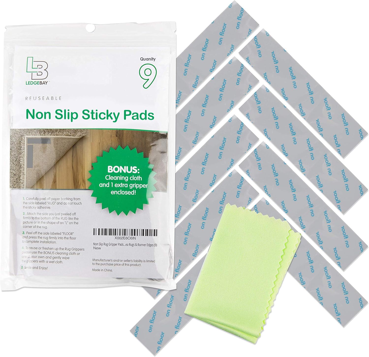 Non Slip Rug Gripper Pads: 9 Reusable Corner Carpet Tape Grippers - Adhesive No Skid Anti Slip Pad Hardwood Laminate Floors - Sticky Nonslip Grip Anchors Never Curl Area Rugs & Runner Edges (9): Kitchen & Dining