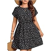 BEAUDRM Women's Plus Size Floral Short Dress Short Sleeve Crew Neck A Line Beach Summer Dresses