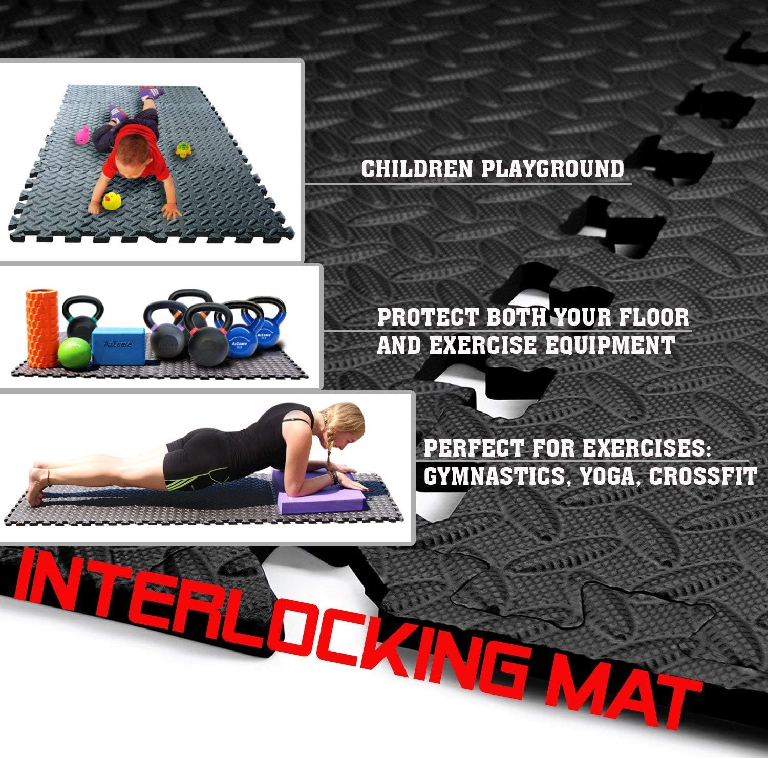 A2ZCare Puzzle Exercise Mat with EVA Foam Interlocking Tiles (Protective Flooring) - 3 YEAR Limited Warranty with 60 day - Perfect for Home Gym, Aerobic, Yoga & Pilates (Black-12pcs with Border Tiles) : Sports & Outdoors