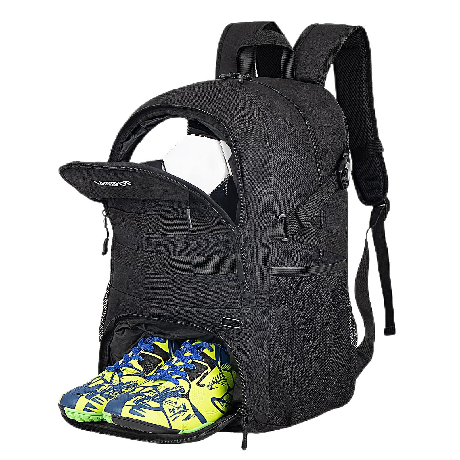 LARIPOP Large Sports Bag - Youth Backpack for Basketball, Volleyball, Football & Soccer - Separate Cleat & Ball Compartment, Black, One Size