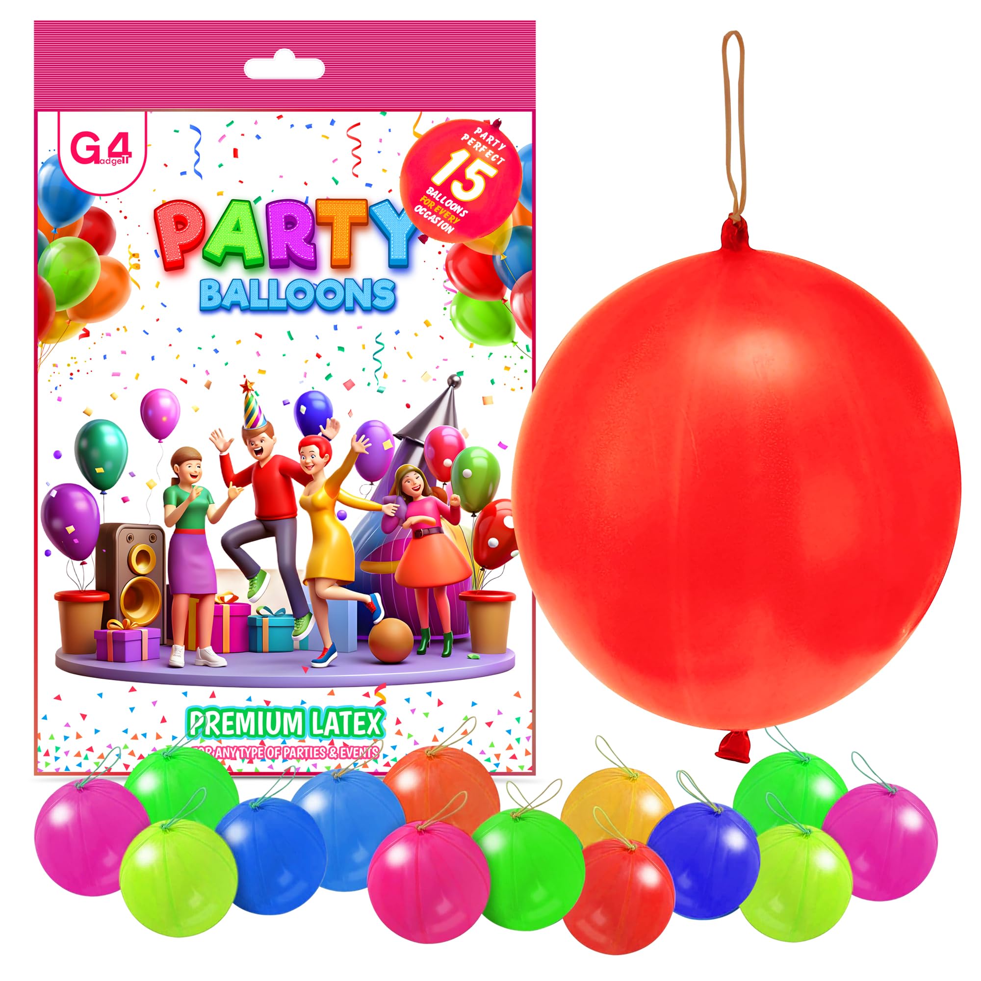 G4GADGET 15x Punch Balloons for Kids – Colourful Party Bag Fillers – 12" Latex Balloons with Strong Elastic Bands – Great for Birthdays, Carnivals, School Events & More