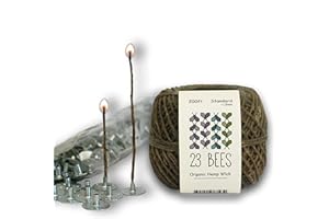 100% Organic Hemp Candle Wick 1.0mm Standard + Wick Sustainer Tabs 200pcs for Candle Making, 23 Bees, European Imported Hemp Spool 200ft with Natural Beeswax Coating