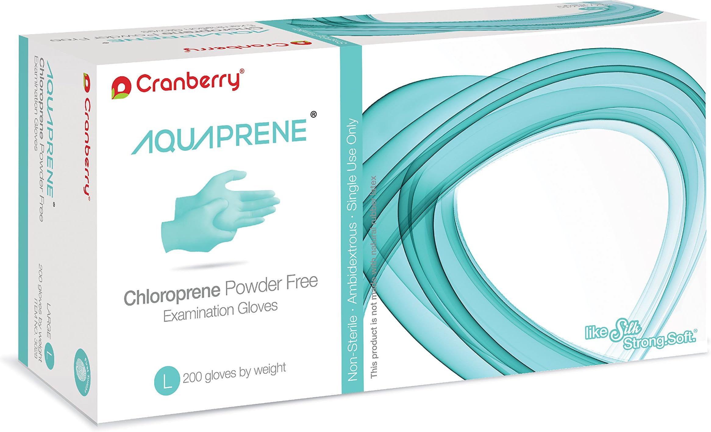 CR3028 AquaPrene Chloroprene Powder Free Exam Gloves, Disposable, 3.2 mil, Aqua, Large (Pack of 200)